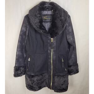 Vintage Guess black fur trim wool coat Size large Retro Goth Classic Glam
